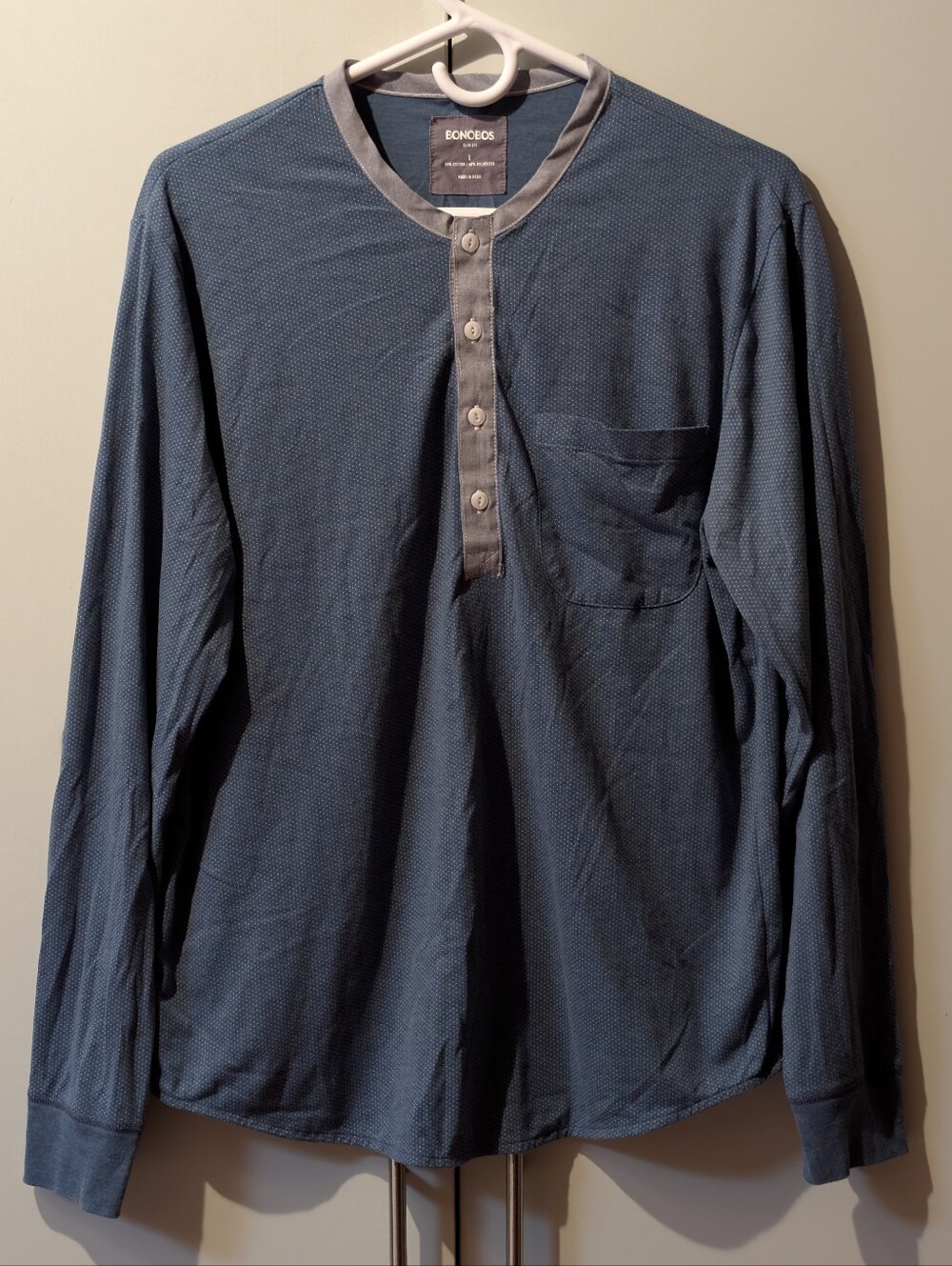 Bonobos Slim Fit Henley Long Sleeve Mens Henley Blue White Polka Dot (L)